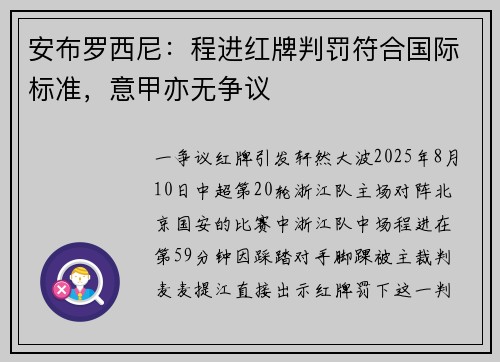 安布罗西尼：程进红牌判罚符合国际标准，意甲亦无争议