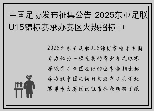 中国足协发布征集公告 2025东亚足联U15锦标赛承办赛区火热招标中 中国足协发布征集公告 2025东亚足联U15锦标赛承办赛区火热招标中