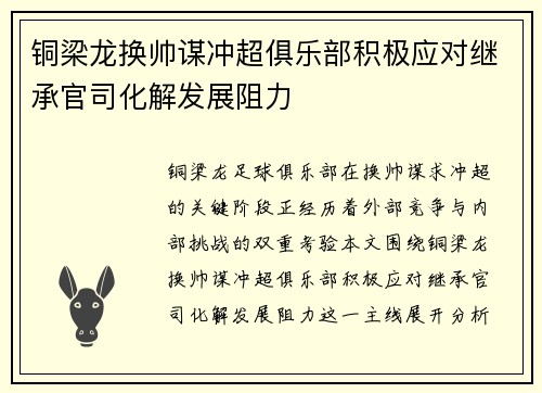 铜梁龙换帅谋冲超俱乐部积极应对继承官司化解发展阻力 铜梁龙换帅谋冲超俱乐部积极应对继承官司化解发展阻力